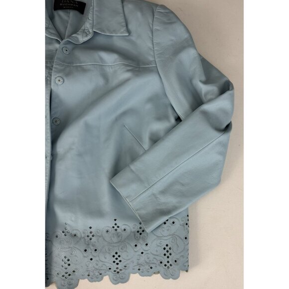 DANA BUCHMAN Baby Blue Lambskin Snap Front Jacket Cutout Detail Sz 14 - Picture 5 of 6